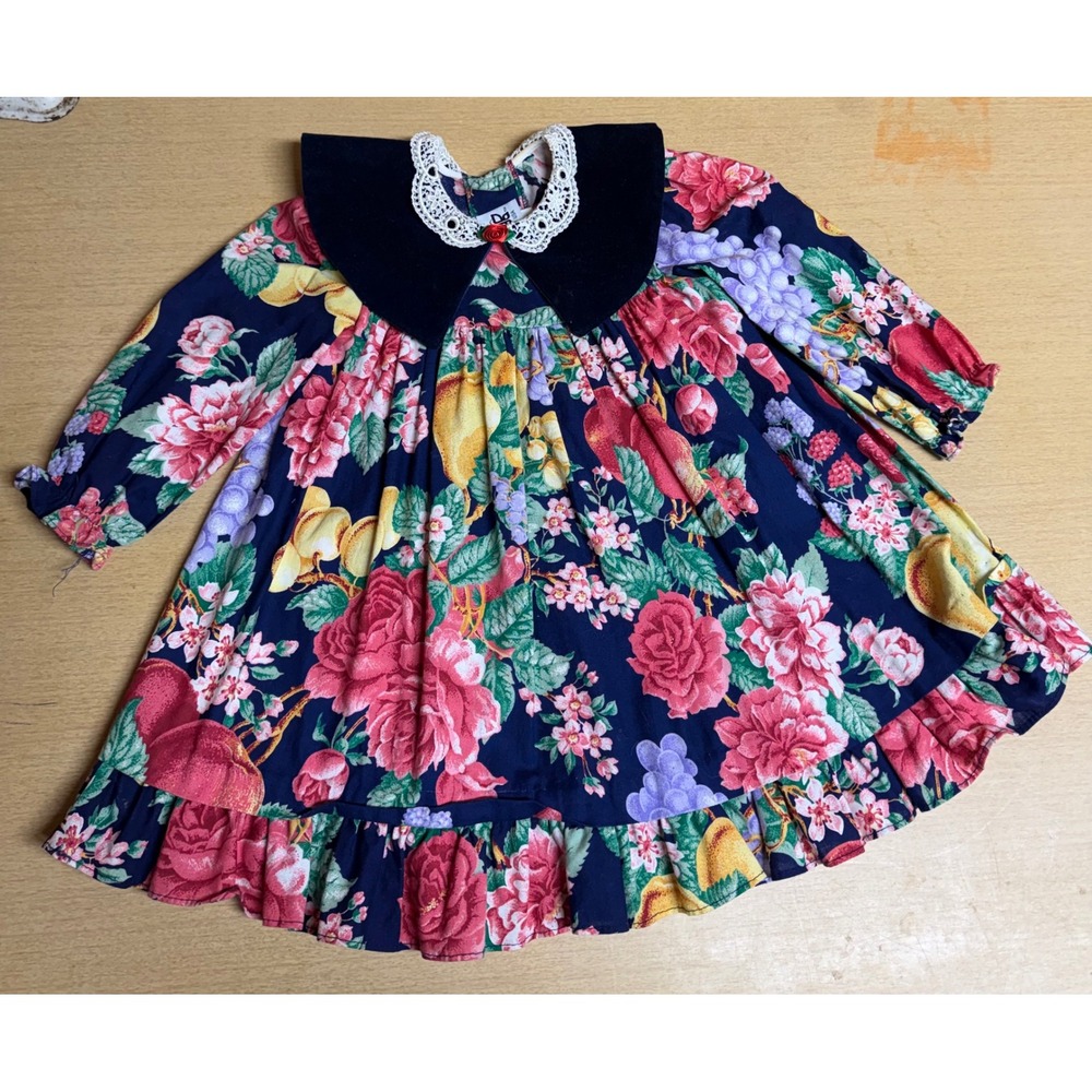 Vintage Jo Lene Girls Floral Fruit Print Dress Velvet Lace Collar Made in USA